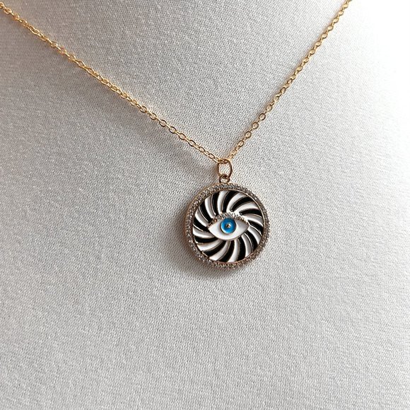 Gold Plated Evil Eye Cubic Zirconia Black White Enamel Charm Pendant Necklace - Picture 3 of 8